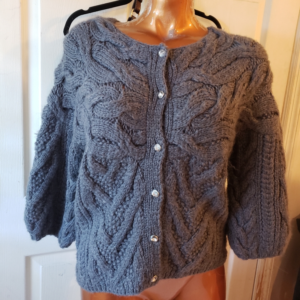 Ann Taylor alpaca wool chunky cable knit gray 3/4 sleeve cardigan S NWT